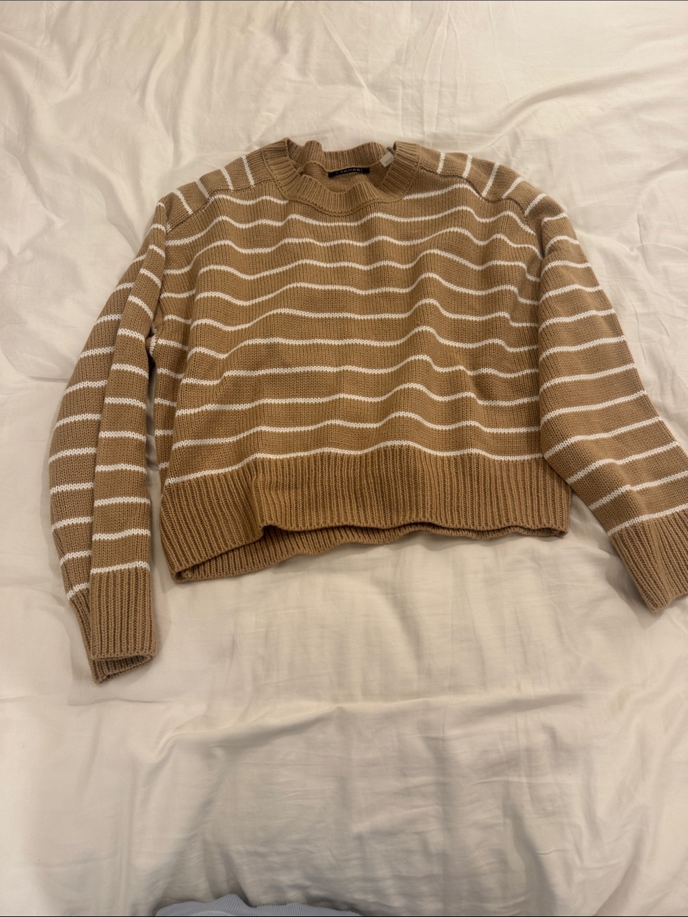 Striped Cropped Crewneck Sweater in Camel and White